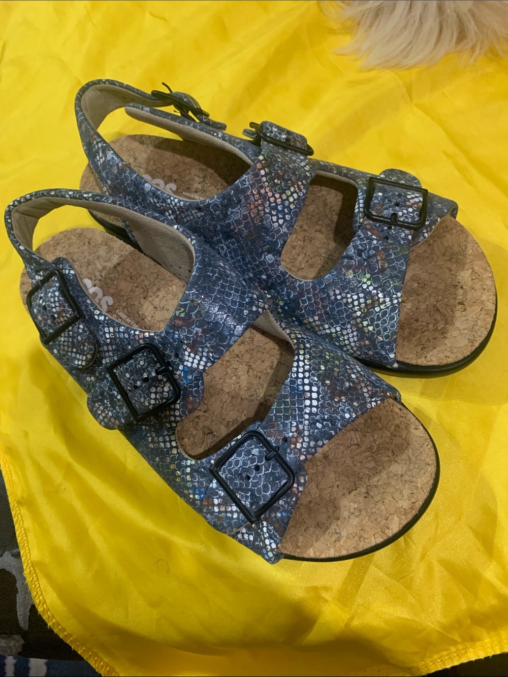 SAS Women's Blue Snakeskin-Print Cork Footbed Sandals with Adjustable Buckles